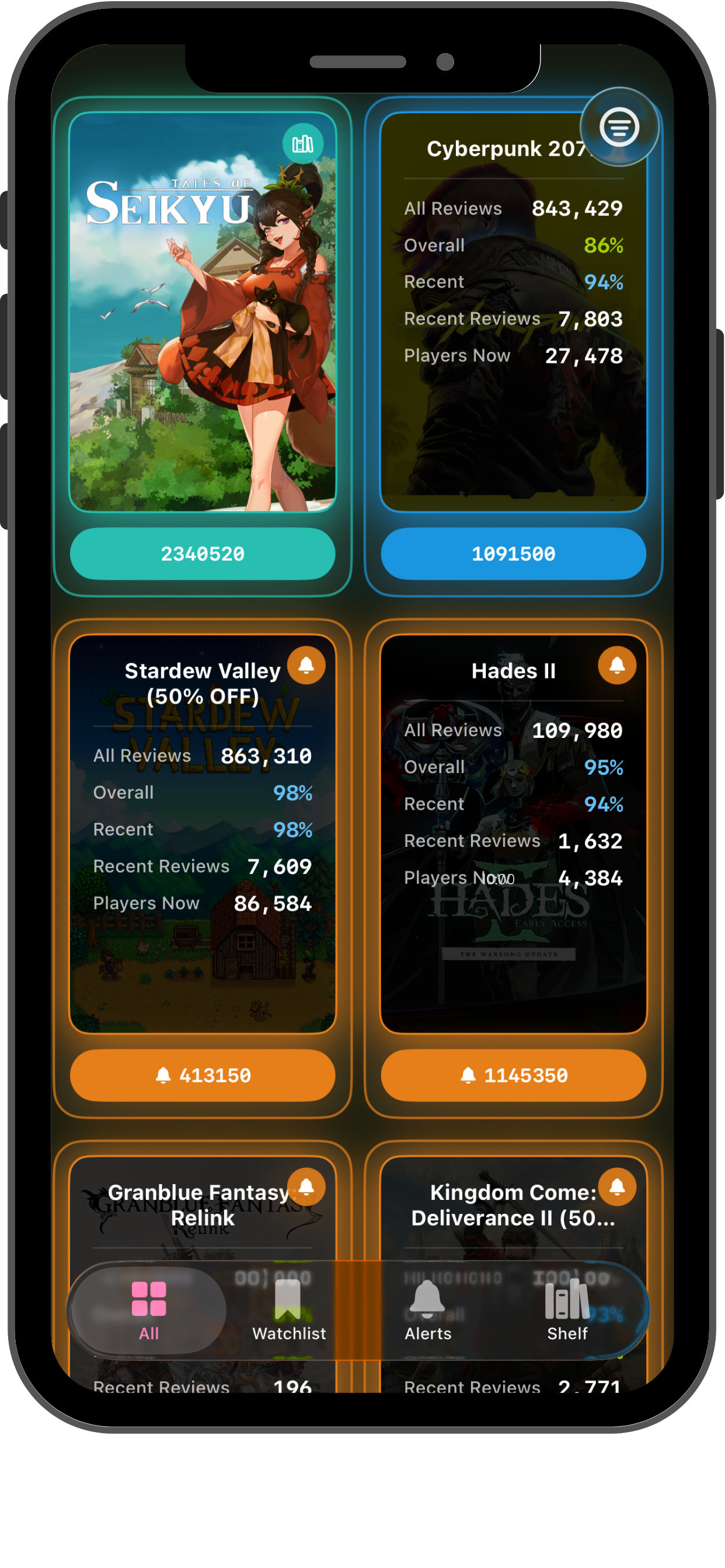 ReviewPulse watchlist screen.